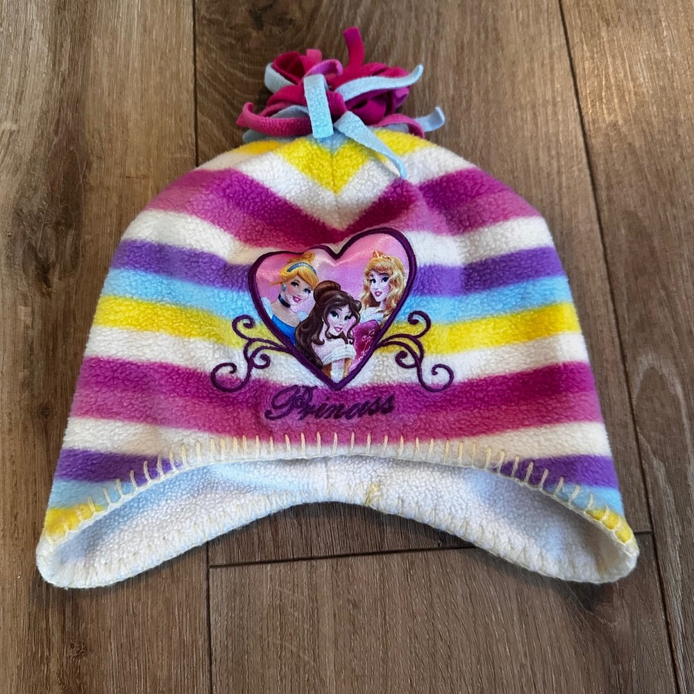 Disney Princess Girls Fleece Beanie Hat Striped Pink Purple Cinderella Belle